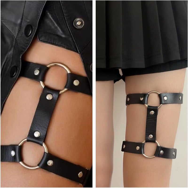 Outman Adjustable Elastice 2 Rows Leather Leg Harness Garter Belt Punk Gothic Thigh Ring Garter - Image 5